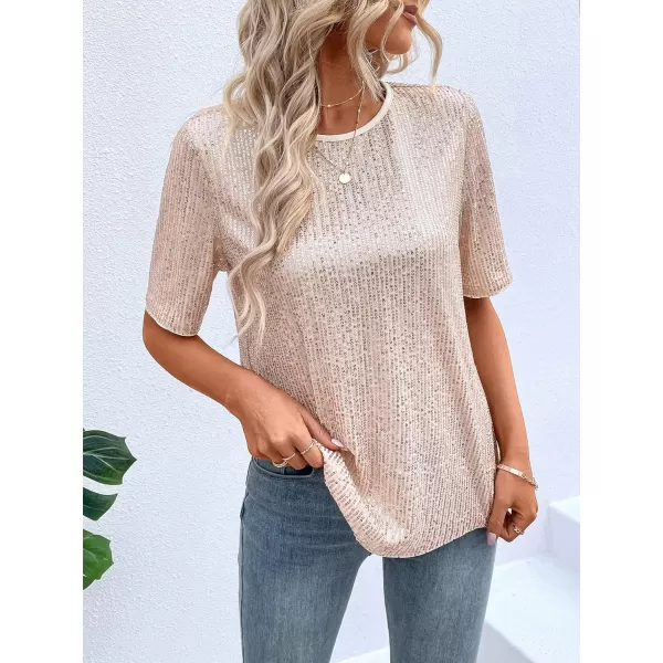 SweatyRocks Women's Casual Half Sleeve Crewneck Tee Metallic Drop Shoulder Oversized T Shirt