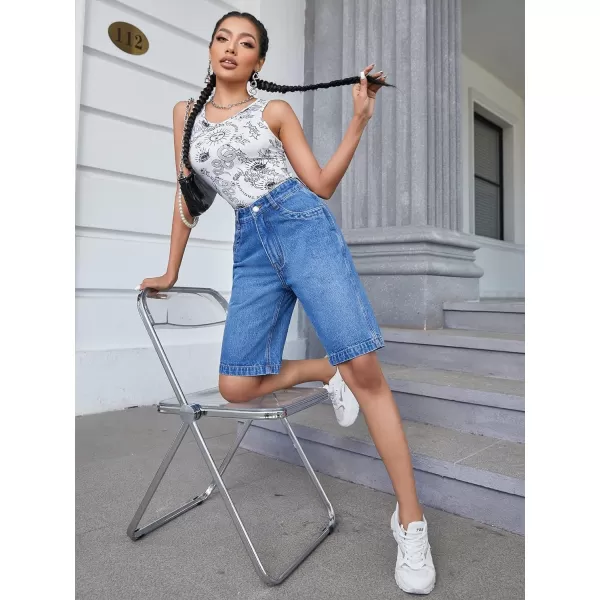 SweatyRocks Women's Casual High Rise Jean Shorts Straight Leg Zip Up Bermuda Denim Shorts