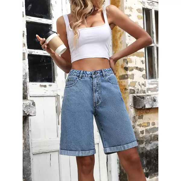 SweatyRocks Women's Casual High Rise Jean Shorts Straight Leg Zip Up Bermuda Denim Shorts