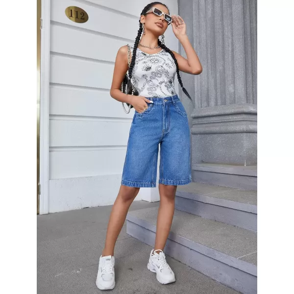 SweatyRocks Women's Casual High Rise Jean Shorts Straight Leg Zip Up Bermuda Denim Shorts