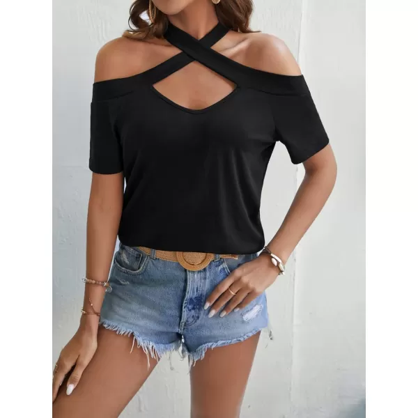 SweatyRocks Women's Casual Plain Criss Cross Halter Top Short Sleeve Cold Shoulder Cut Out Shirt