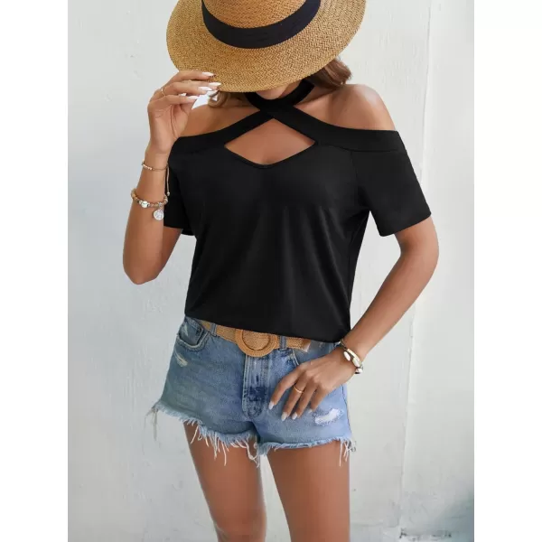 SweatyRocks Women's Casual Plain Criss Cross Halter Top Short Sleeve Cold Shoulder Cut Out Shirt