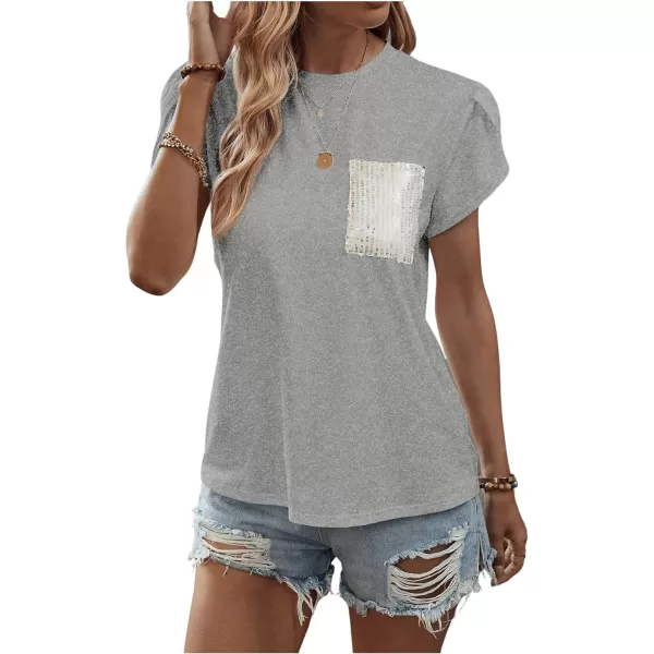 SweatyRocks Women's Casual Round Neck Sequin Pocket Tee Short Petal Sleeve Pullover T Shirt