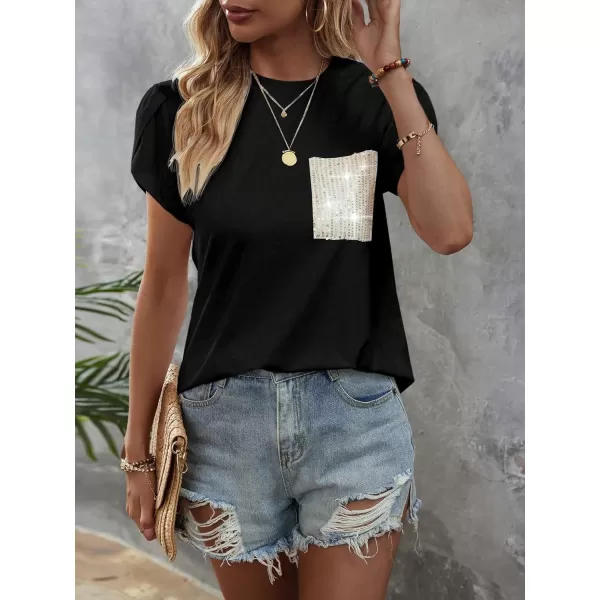 SweatyRocks Women's Casual Round Neck Sequin Pocket Tee Short Petal Sleeve Pullover T Shirt