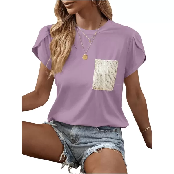 SweatyRocks Women's Casual Round Neck Sequin Pocket Tee Short Petal Sleeve Pullover T Shirt