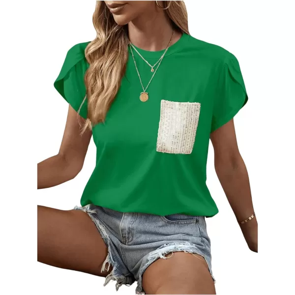 SweatyRocks Women's Casual Round Neck Sequin Pocket Tee Short Petal Sleeve Pullover T Shirt