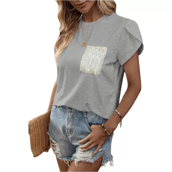 SweatyRocks Women's Casual Round Neck Sequin Pocket Tee Short Petal Sleeve Pullover T Shirt