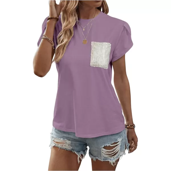 SweatyRocks Women's Casual Round Neck Sequin Pocket Tee Short Petal Sleeve Pullover T Shirt