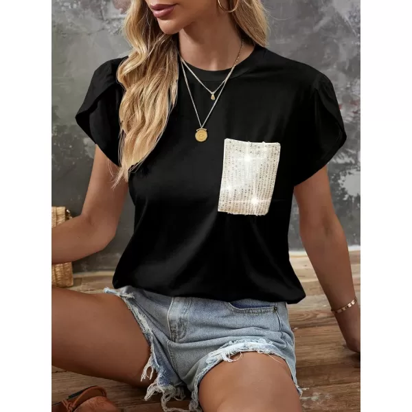 SweatyRocks Women's Casual Round Neck Sequin Pocket Tee Short Petal Sleeve Pullover T Shirt