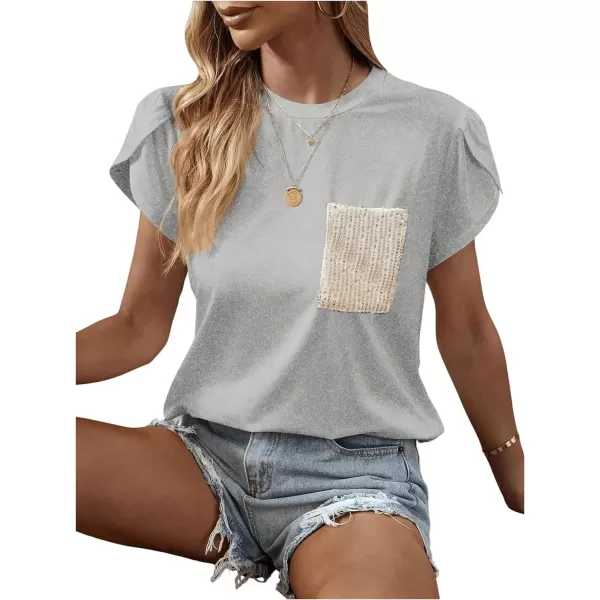 SweatyRocks Women's Casual Round Neck Sequin Pocket Tee Short Petal Sleeve Pullover T Shirt