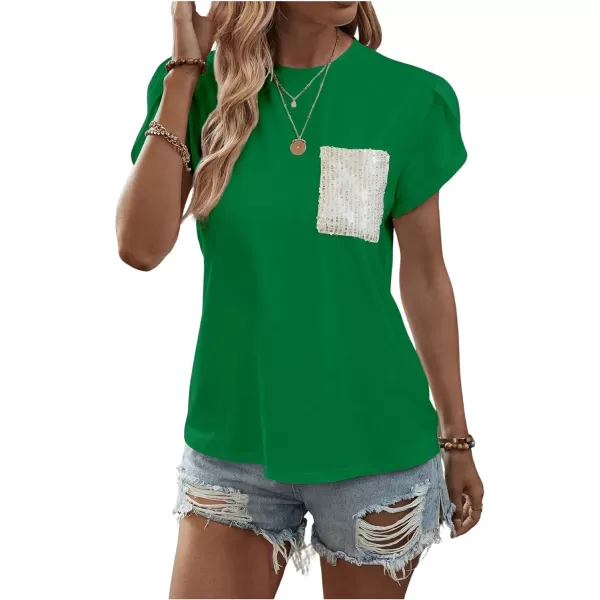 SweatyRocks Women's Casual Round Neck Sequin Pocket Tee Short Petal Sleeve Pullover T Shirt