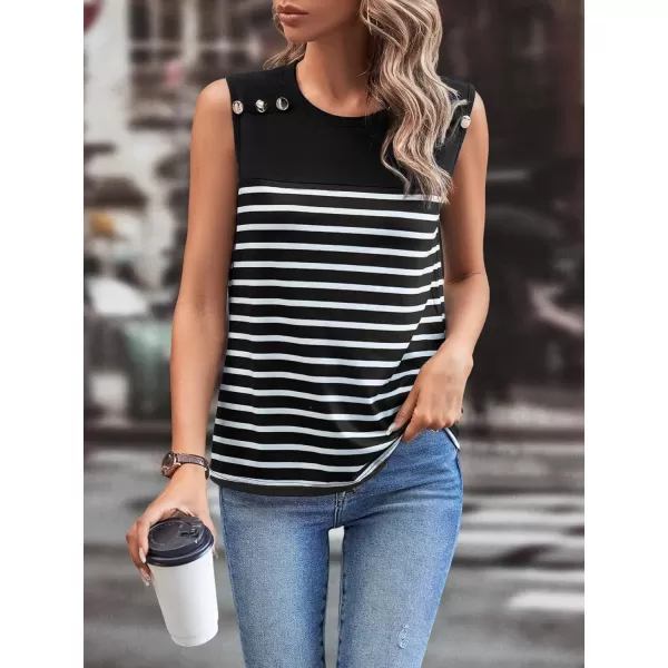 SweatyRocks Women's Casual Round Neck Tank Top Button Front Sleeveless Striped Shirt