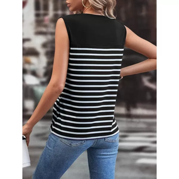 SweatyRocks Women's Casual Round Neck Tank Top Button Front Sleeveless Striped Shirt