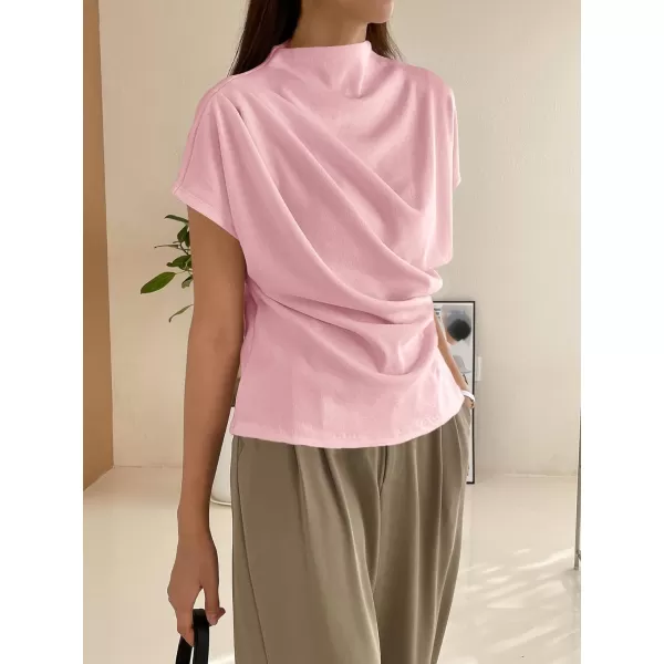 SweatyRocks Women's Casual Short Sleeve Mock Neck Tee Top Asymmetric Ruched Plain T Shirt