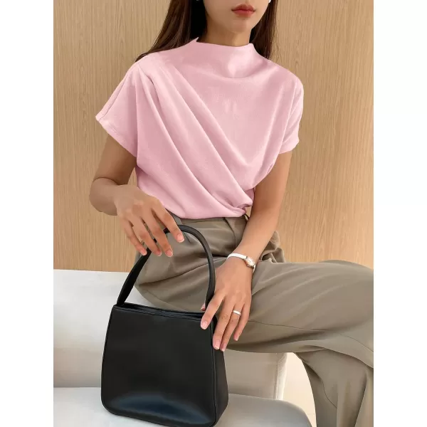 SweatyRocks Women's Casual Short Sleeve Mock Neck Tee Top Asymmetric Ruched Plain T Shirt