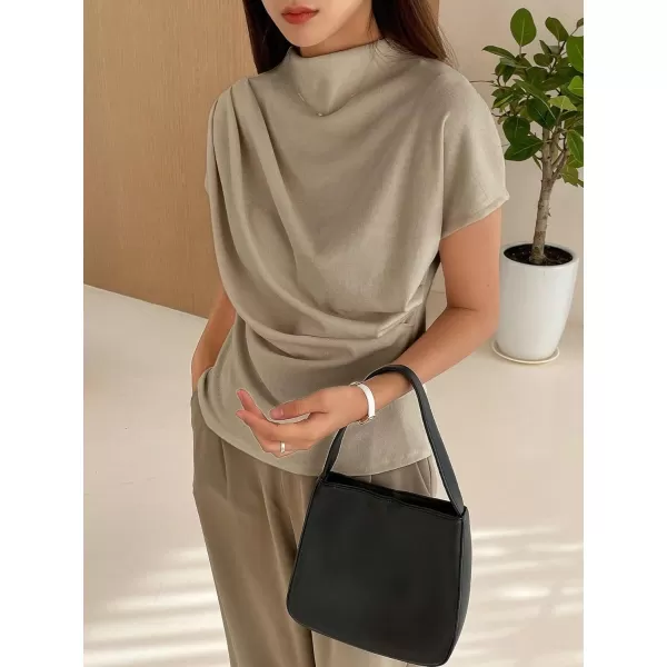 SweatyRocks Women's Casual Short Sleeve Mock Neck Tee Top Asymmetric Ruched Plain T Shirt