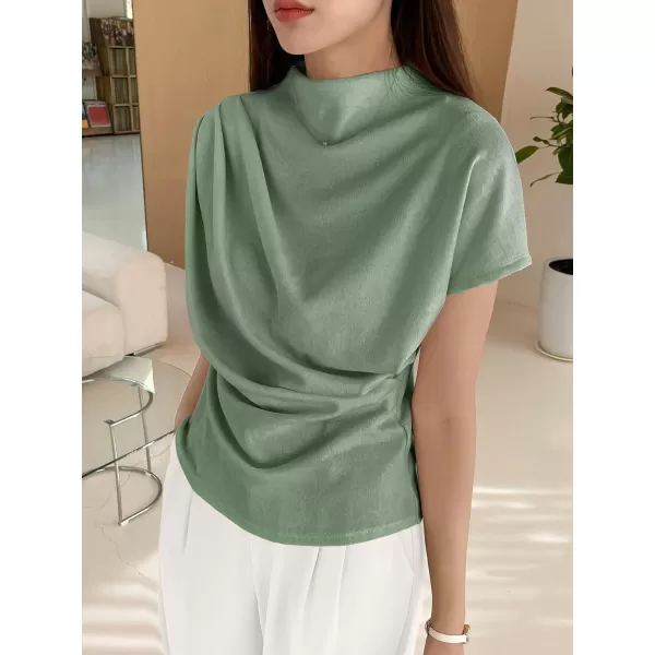 SweatyRocks Women's Casual Short Sleeve Mock Neck Tee Top Asymmetric Ruched Plain T Shirt