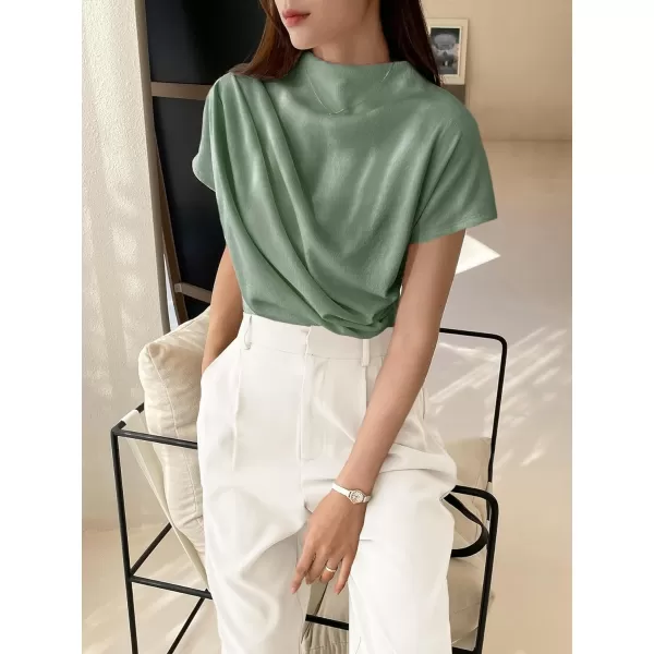 SweatyRocks Women's Casual Short Sleeve Mock Neck Tee Top Asymmetric Ruched Plain T Shirt