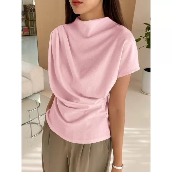 SweatyRocks Women's Casual Short Sleeve Mock Neck Tee Top Asymmetric Ruched Plain T Shirt