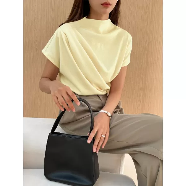 SweatyRocks Women's Casual Short Sleeve Mock Neck Tee Top Asymmetric Ruched Plain T Shirt