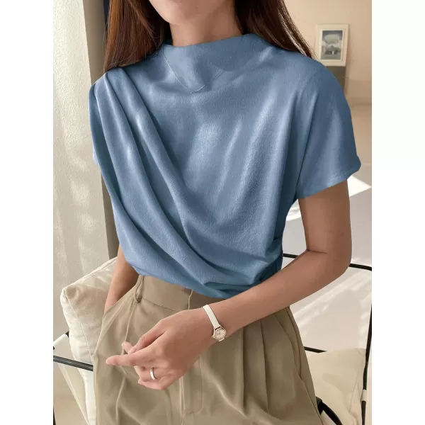SweatyRocks Women's Casual Short Sleeve Mock Neck Tee Top Asymmetric Ruched Plain T Shirt