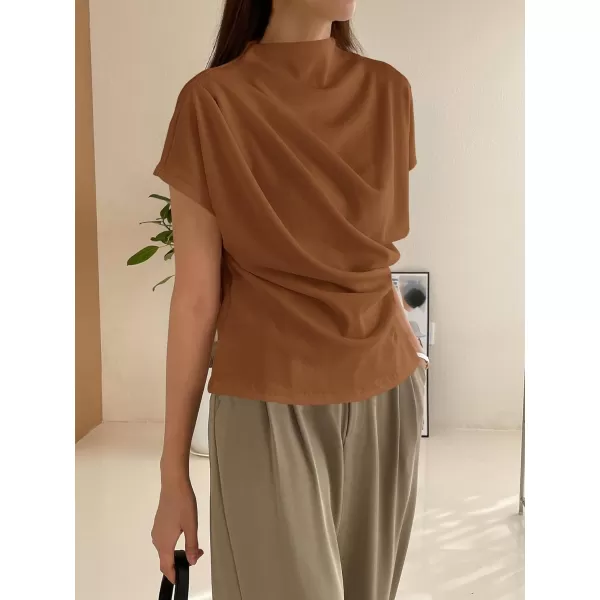 SweatyRocks Women's Casual Short Sleeve Mock Neck Tee Top Asymmetric Ruched Plain T Shirt
