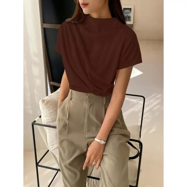 SweatyRocks Women's Casual Short Sleeve Mock Neck Tee Top Asymmetric Ruched Plain T Shirt