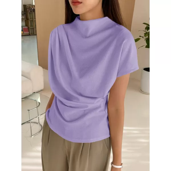 SweatyRocks Women's Casual Short Sleeve Mock Neck Tee Top Asymmetric Ruched Plain T Shirt