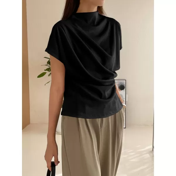 SweatyRocks Women's Casual Short Sleeve Mock Neck Tee Top Asymmetric Ruched Plain T Shirt