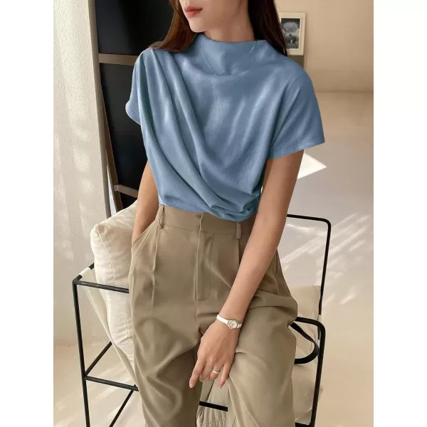 SweatyRocks Women's Casual Short Sleeve Mock Neck Tee Top Asymmetric Ruched Plain T Shirt