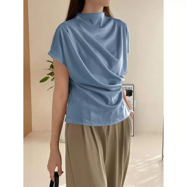 SweatyRocks Women's Casual Short Sleeve Mock Neck Tee Top Asymmetric Ruched Plain T Shirt