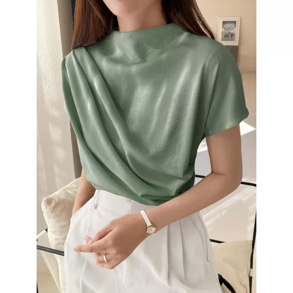 SweatyRocks Women's Casual Short Sleeve Mock Neck Tee Top Asymmetric Ruched Plain T Shirt