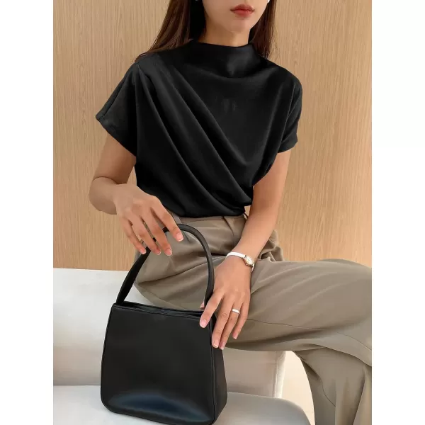 SweatyRocks Women's Casual Short Sleeve Mock Neck Tee Top Asymmetric Ruched Plain T Shirt