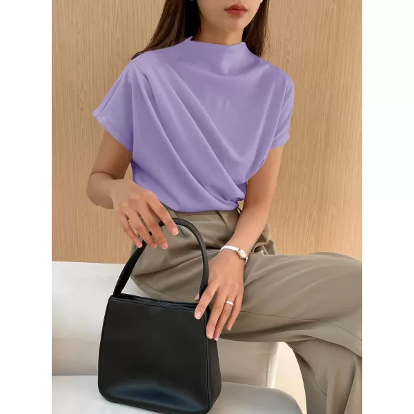 SweatyRocks Women's Casual Short Sleeve Mock Neck Tee Top Asymmetric Ruched Plain T Shirt