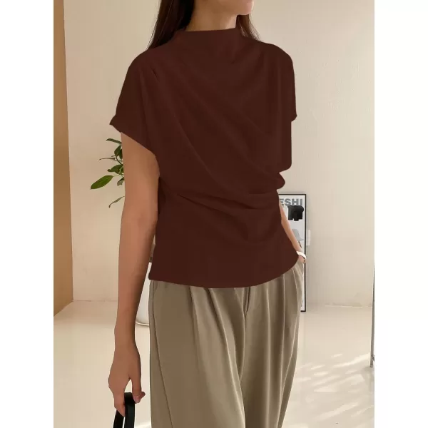 SweatyRocks Women's Casual Short Sleeve Mock Neck Tee Top Asymmetric Ruched Plain T Shirt