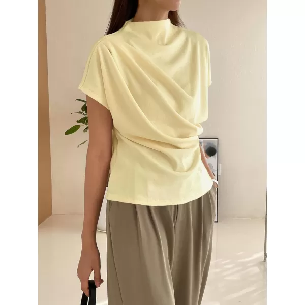 SweatyRocks Women's Casual Short Sleeve Mock Neck Tee Top Asymmetric Ruched Plain T Shirt