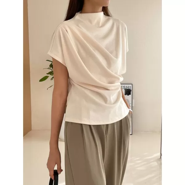 SweatyRocks Women's Casual Short Sleeve Mock Neck Tee Top Asymmetric Ruched Plain T Shirt