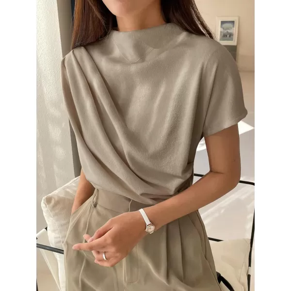 SweatyRocks Women's Casual Short Sleeve Mock Neck Tee Top Asymmetric Ruched Plain T Shirt