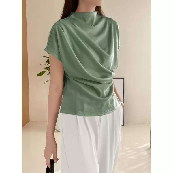 SweatyRocks Women's Casual Short Sleeve Mock Neck Tee Top Asymmetric Ruched Plain T Shirt