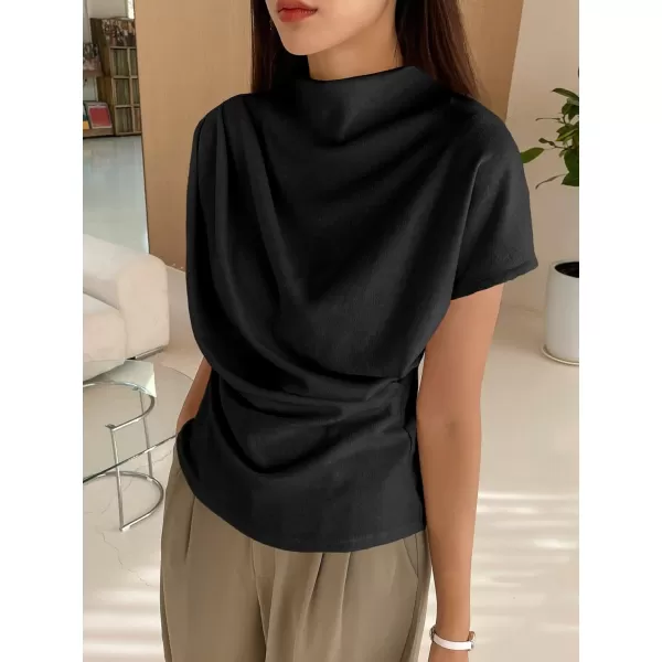 SweatyRocks Women's Casual Short Sleeve Mock Neck Tee Top Asymmetric Ruched Plain T Shirt