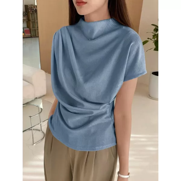 SweatyRocks Women's Casual Short Sleeve Mock Neck Tee Top Asymmetric Ruched Plain T Shirt