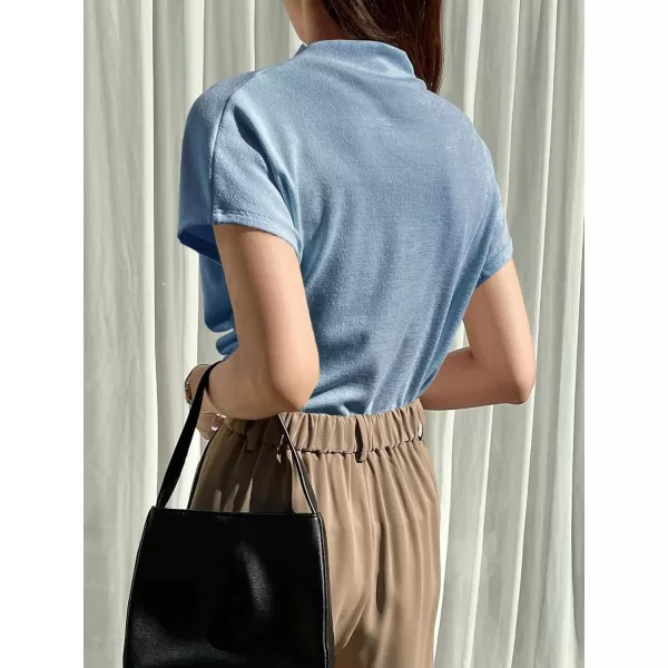 SweatyRocks Women's Casual Short Sleeve Mock Neck Tee Top Asymmetric Ruched Plain T Shirt
