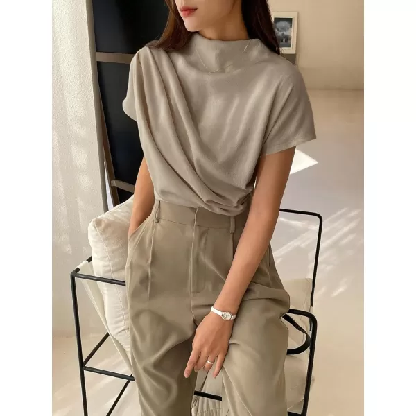 SweatyRocks Women's Casual Short Sleeve Mock Neck Tee Top Asymmetric Ruched Plain T Shirt