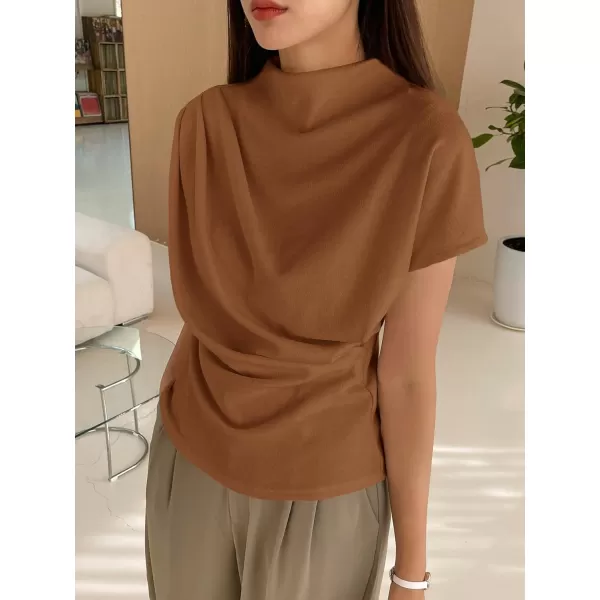 SweatyRocks Women's Casual Short Sleeve Mock Neck Tee Top Asymmetric Ruched Plain T Shirt