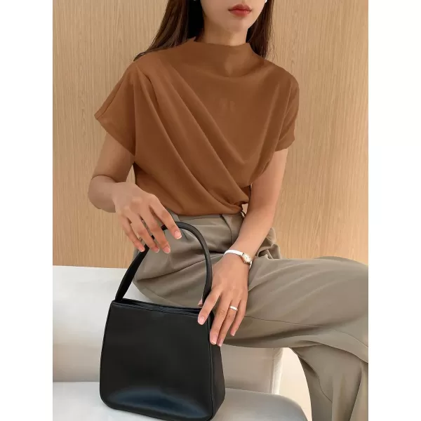SweatyRocks Women's Casual Short Sleeve Mock Neck Tee Top Asymmetric Ruched Plain T Shirt