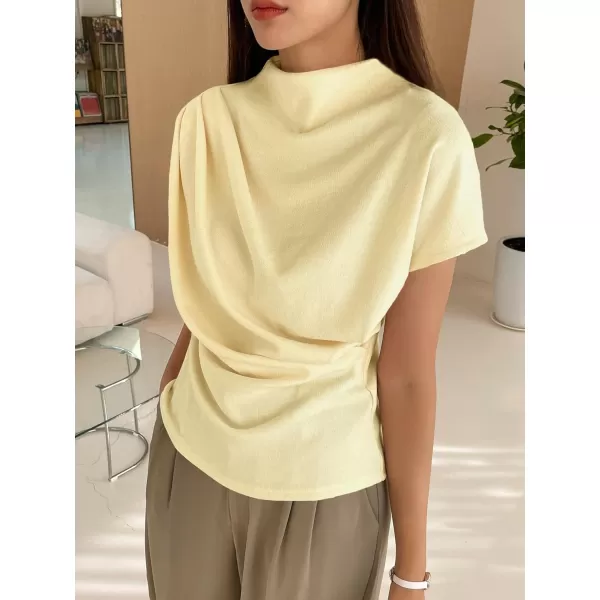 SweatyRocks Women's Casual Short Sleeve Mock Neck Tee Top Asymmetric Ruched Plain T Shirt