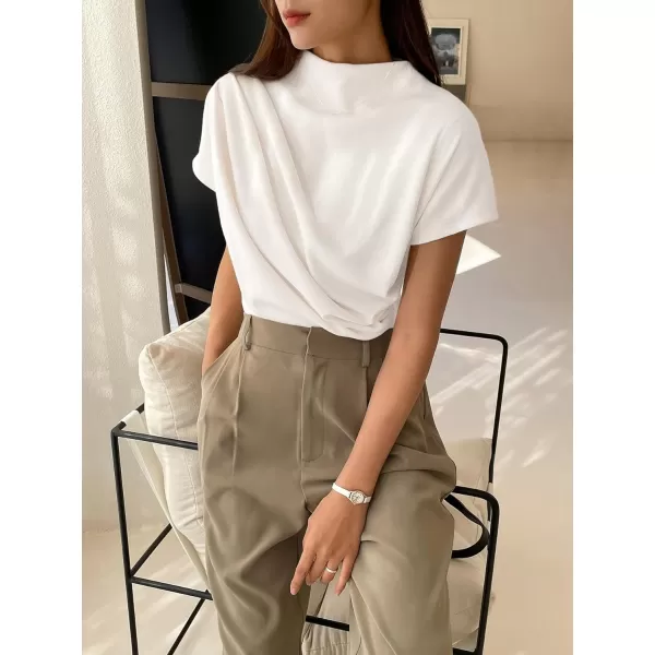 SweatyRocks Women's Casual Short Sleeve Mock Neck Tee Top Asymmetric Ruched Plain T Shirt