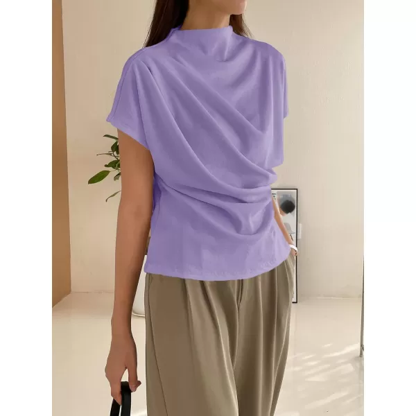 SweatyRocks Women's Casual Short Sleeve Mock Neck Tee Top Asymmetric Ruched Plain T Shirt