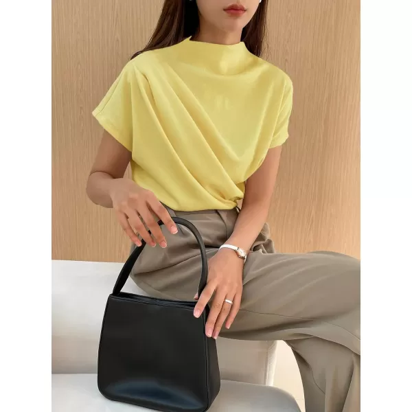 SweatyRocks Women's Casual Short Sleeve Mock Neck Tee Top Asymmetric Ruched Plain T Shirt