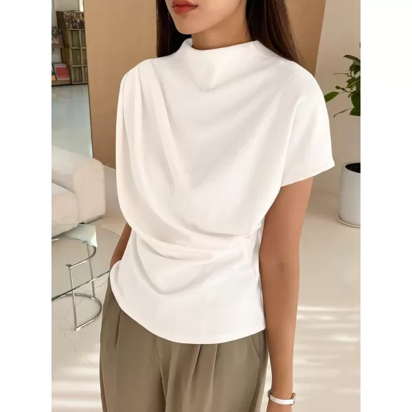 SweatyRocks Women's Casual Short Sleeve Mock Neck Tee Top Asymmetric Ruched Plain T Shirt